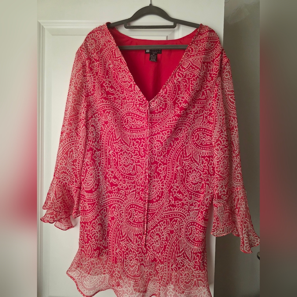 Red and White Silk Paisley Blouse 2X